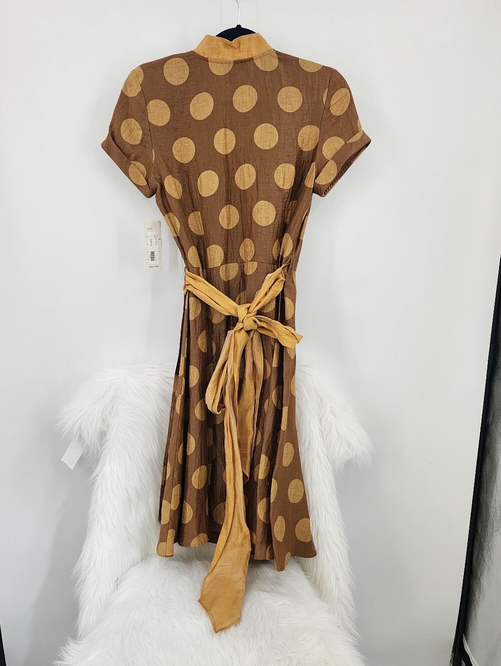 Chetta B Brown Linen Midi Wrap Dress with Gold Polka Dots, Size 6 NWT - Picture 2 of 5